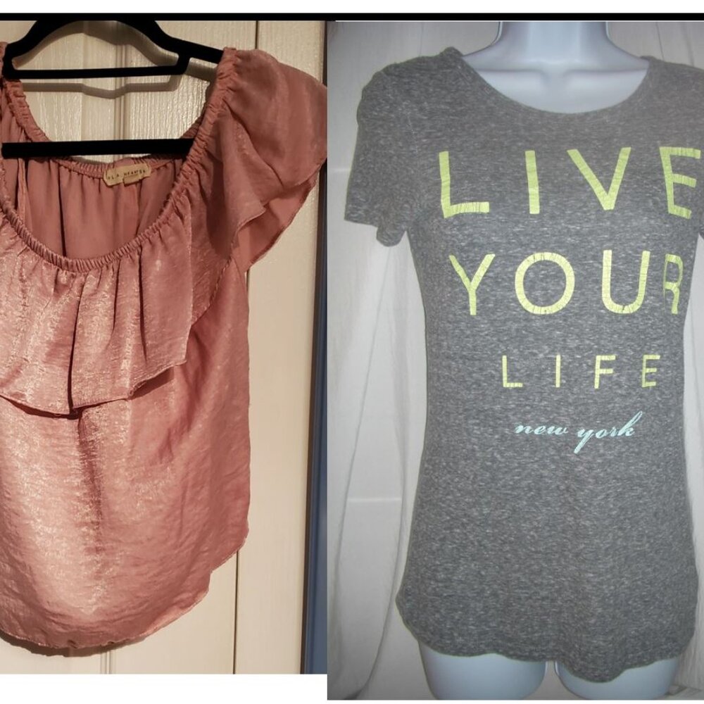 2 Shirts LA Hearts  Pink Off Shoulder Ruffle + American Eagle Gray T Small - EUC